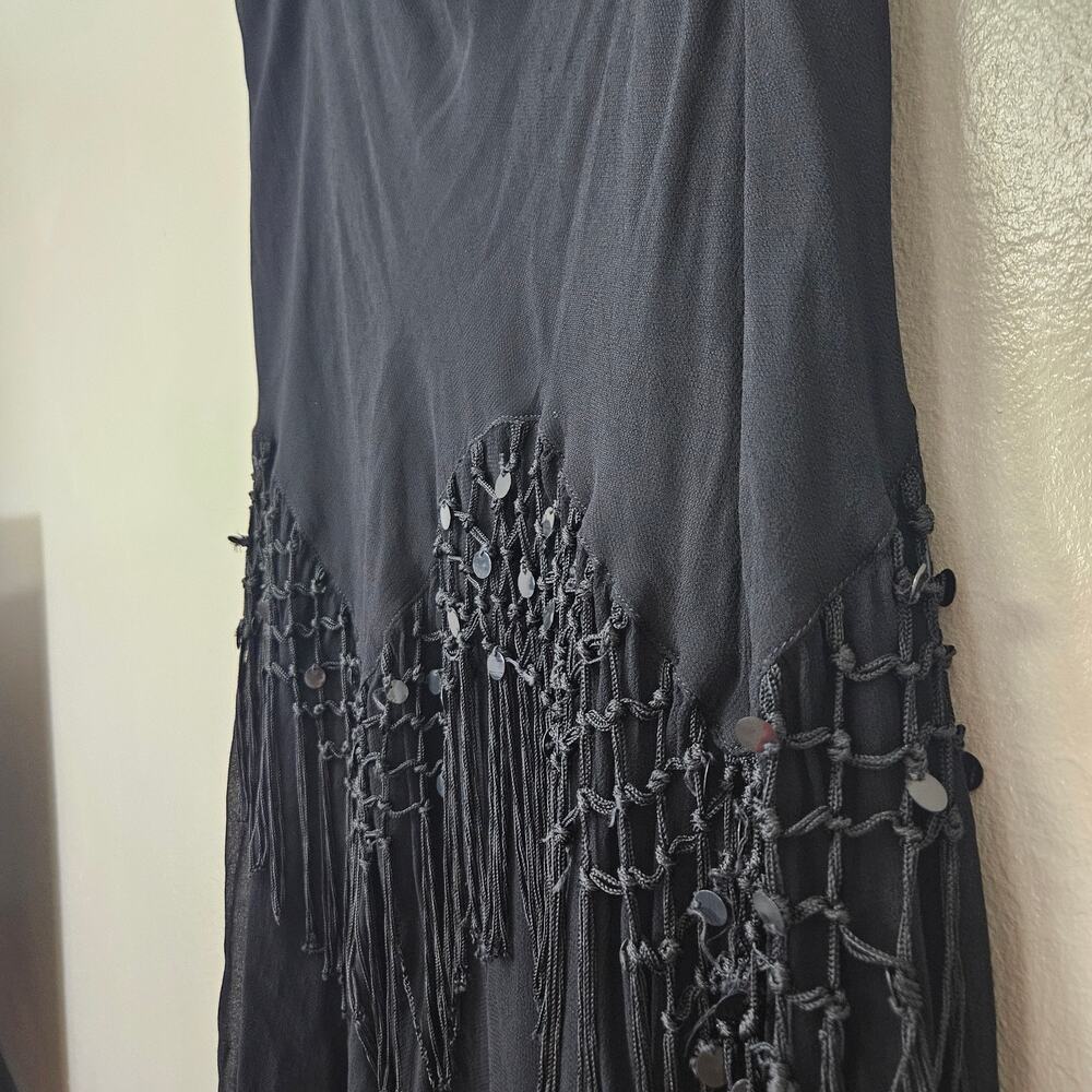 Vintage Rouge Petite L Black Fringe Sequin Midi Skirt Boho Y2K Whimsigoth Witchy